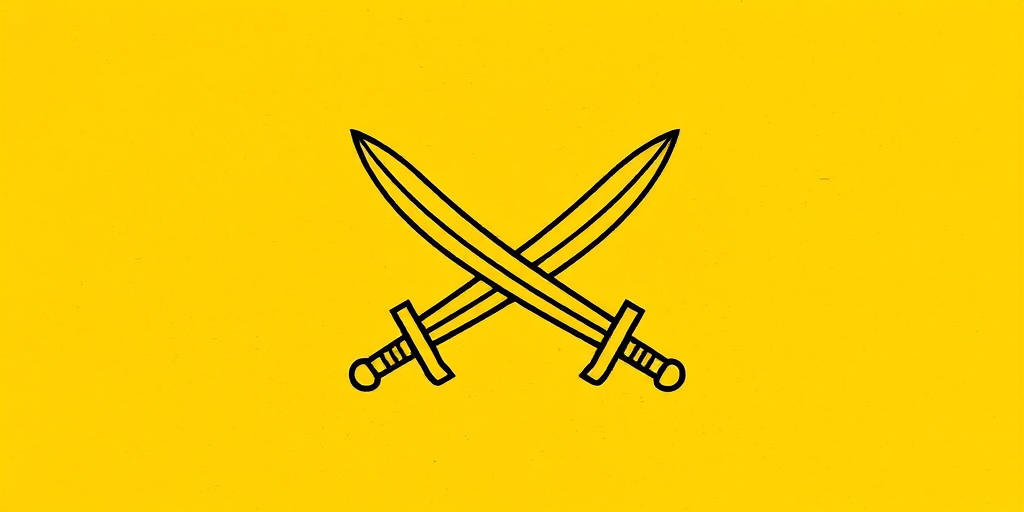 Create a high-resolution image of a stylized yellow logo featuring crossed swords and curly braces in a minimalist design, captured with a DSLR camera at f/1.8 aperture, ISO 100, and 50mm focal length, using a top-down view with soft lighting to enhance the vibrant colors and sharp details.