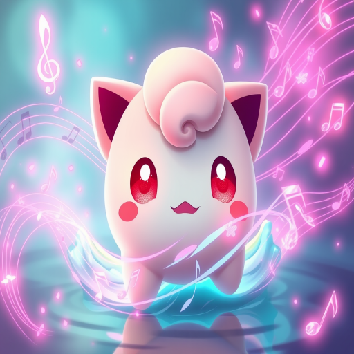 auralora,the image features a jigglypuff. it is surrounded by an aura of water waves and music notes with intricate,pink glow