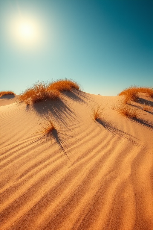 Capture a vibrant sandy dune landscape with tufts of grass under a bright blue sky, using a DSLR camera, focal length of 24mm, aperture f/8, ISO 200, with a slight HDR effect for enhanced detail and contrast.