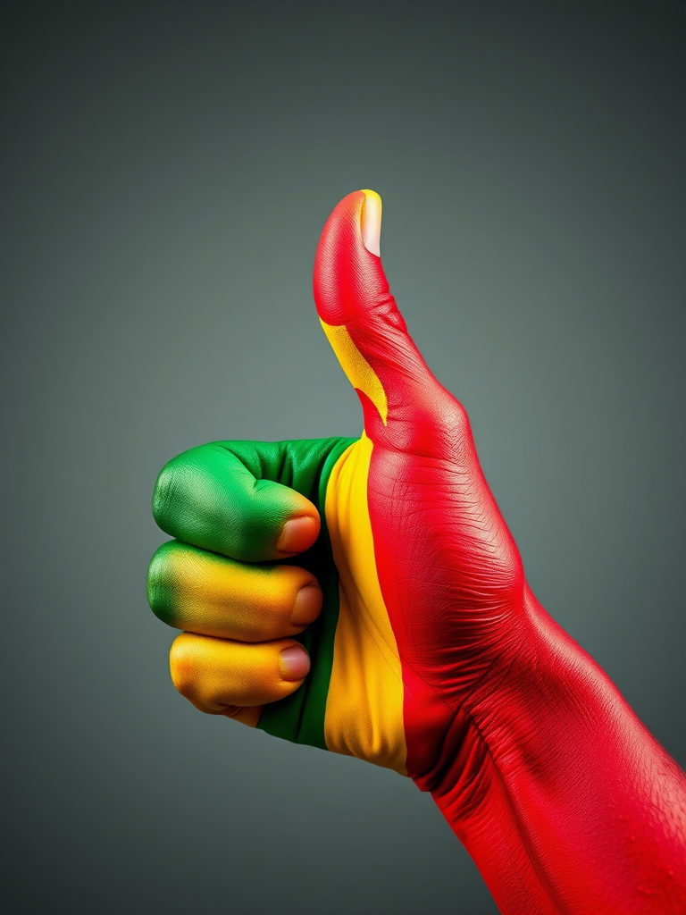 Create an image of a hand giving a thumbs up, painted with the colors of the Mali flag (green, yellow, red), captured with a DSLR camera at f/2.8, ISO 100, 1/200 sec, in high resolution, with a macro lens and a shallow depth of field.