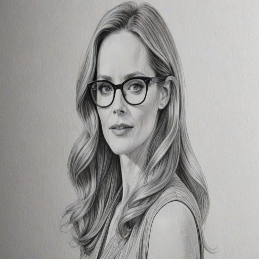 Appealing Leslie Mann, pencil sketch, portrait of Dazzling woman 1968s in glasses, hair style beatnik, outline, clear lines, fine lines, 8k