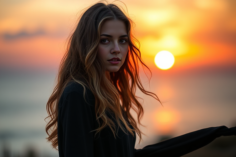 portrait of a woman with long wavy hair in a flowing dark outfit against a sunset background, soft focus, captured with a Canon EOS R5, 85mm f/1.2 lens, aperture f/1.2, ISO 100, shutter speed 1/200s, golden hour lighting for warm tones and enhanced depth.