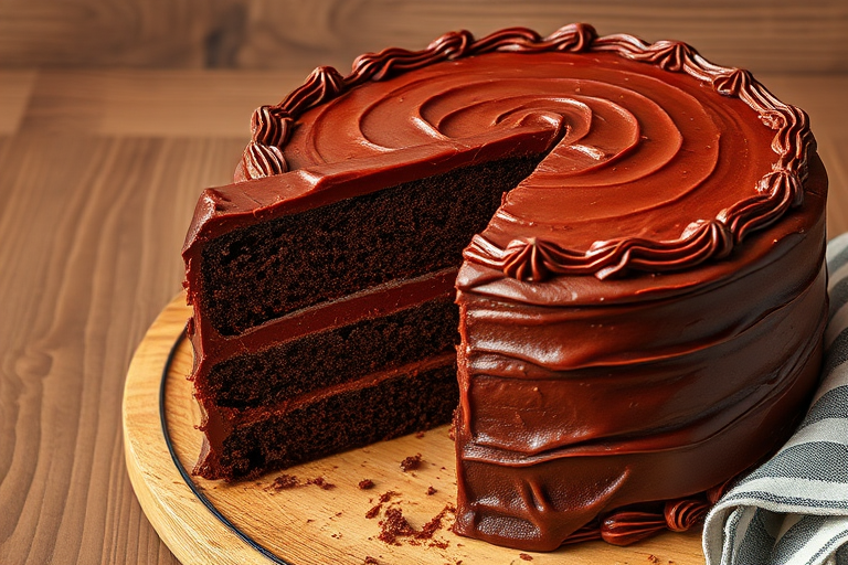 Create an image of a chocolate cake with multiple layers and rich chocolate frosting on top. The cake has a slice taken out showing the moist interior, and it is placed on a round platter. Include a textured wooden surface in the background and a striped napkin beside the cake. The overall atmosphere should be warm and inviting, highlighting the deliciousness of the cake.