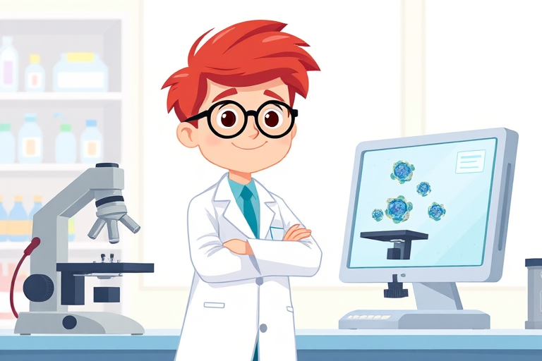 Create an illustration of a cartoon scientist with red hair in a lab coat standing next to a microscope and a computer displaying cells on the screen, using a soft focus, ISO 100, aperture f/4, focal length 35mm, in a bright laboratory setting.