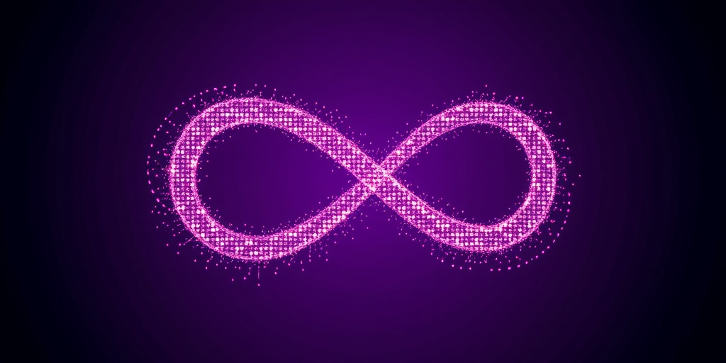 Create an abstract digital art image of an infinity symbol composed of glowing pixels on a deep purple background, captured with a digital camera, f/2.8 aperture, 50mm lens, ISO 100, and a long exposure effect to enhance light and texture.