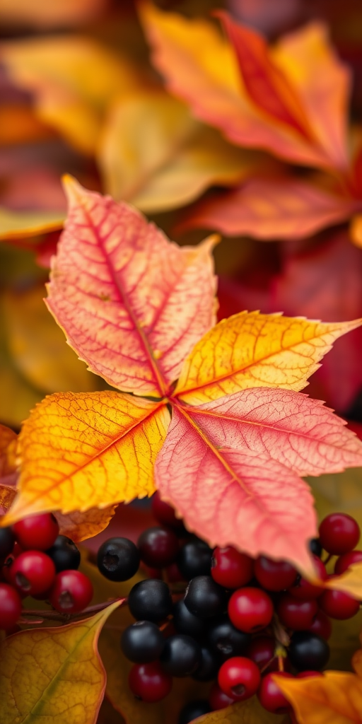 macro shot of colorful autumn leaves with a golden leaf among red and black berries, shallow depth of field, f/2.8 aperture, 50mm lens, ISO 100, natural soft light, DSLR camera