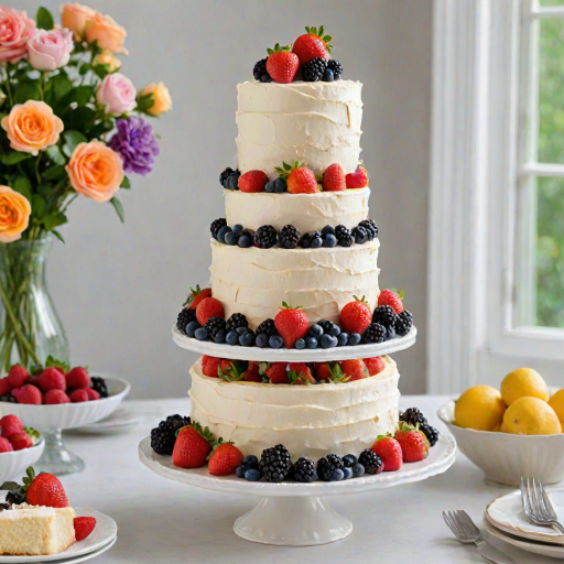 Create a vibrant and inviting image of a three-tiered cake adorned with fresh strawberries, blueberries, blackberries, and a light cream frosting. The cake should be placed on a beautiful cake stand, surrounded by elegant dishes and a vase of colorful flowers in the background. The setting should be bright and airy, evoking a sense of celebration and sweetness.