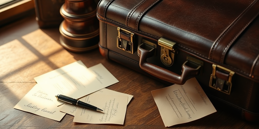 Vintage scene of an old leather suitcase next to scattered letters and a pen, warm soft light illuminating the objects, captured with a DSLR camera at f/2.8, ISO 100, 50mm lens, natural light with a shallow depth of field.