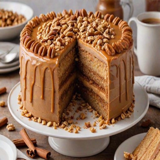 Create an image of a layered cake with a crumbly base, a smooth peanut butter filling, and a shiny caramel topping. The cake should be garnished with crushed nuts and served on a white plate, with a slice cut out to reveal the layers inside. Include a cozy kitchen backdrop with cinnamon sticks and a small bowl of crushed nuts nearby.