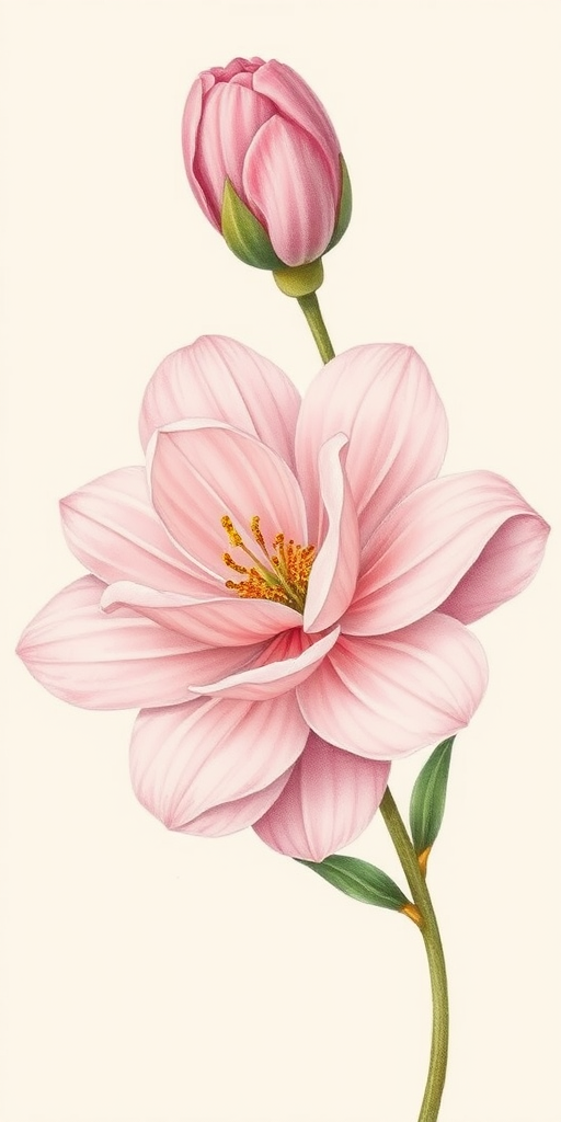 a botanical illustration of a pink flower with layered petals and a bud on a pale background