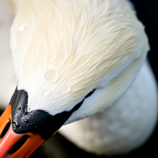 Close-up shot of a swan's head with water droplets on its feathers, using a DSLR camera with a 100mm lens, aperture f/2.8, ISO 200, and a shutter speed of 1/500s, in natural light to capture details and textures.