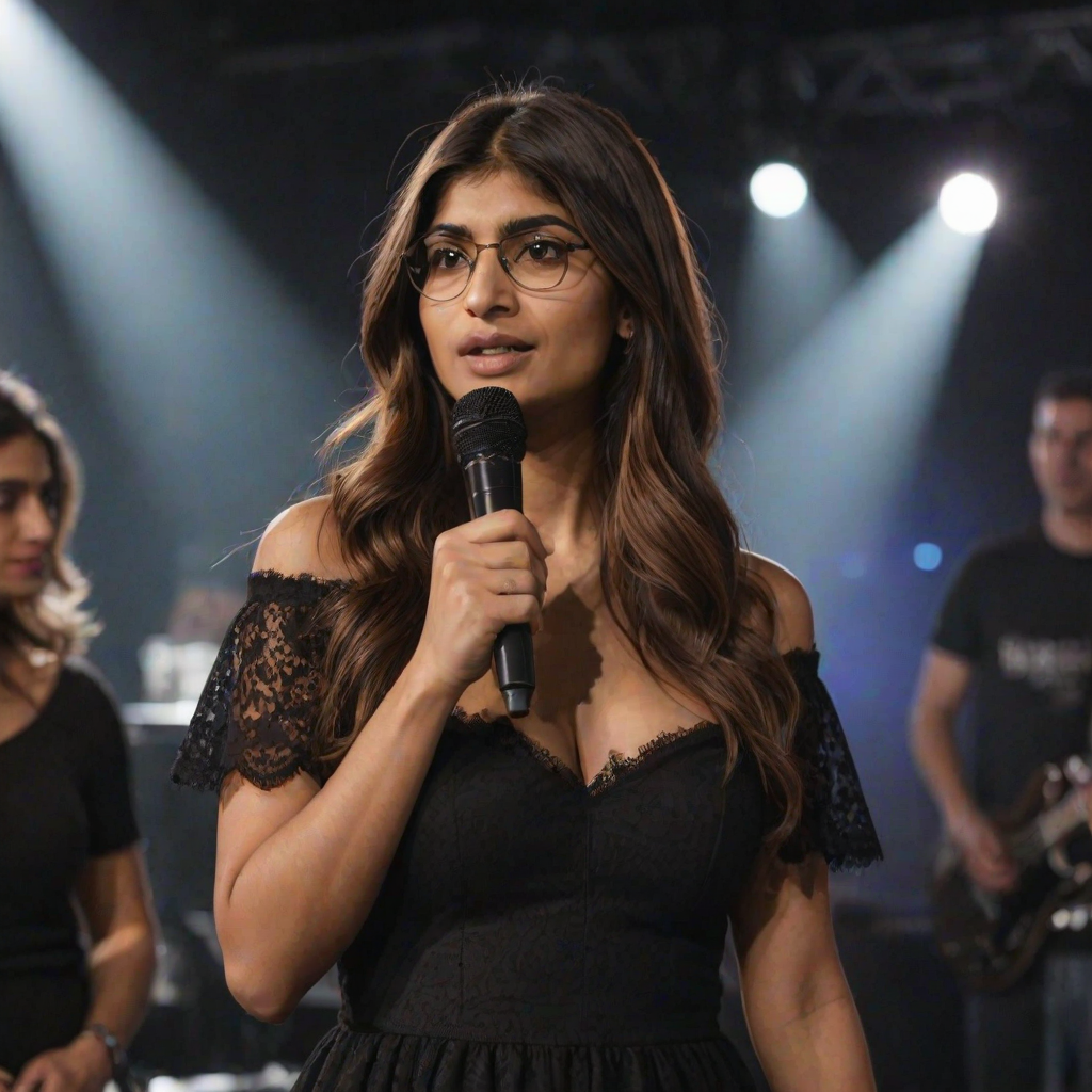 mia khalifa with long, flowing brown hair is standing in the center of the frame, holding a microphone in her right hand, and looking slightly off to the right side of the frame. She is wearing a black, off-the-shoulder dress with delicate lace detailing. The lighting is warm and dramatic, creating a spotlight effect on the singer. There are other figures in the background, blurred and out of focus, suggesting a concert or performance setting. The camera angle is low, capturing the woman from the waist up. The overall atmosphere is intimate and captivating.