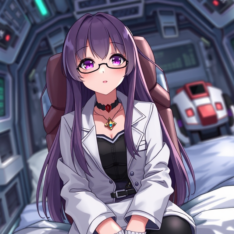1girl,solo,long hair,sitting,parted lips,labcoat,robot,jewelry,cable,glasses,science fiction,looking up,machine,hair between eyes,open mouth,cockpit,necklace,blurry,mecha,breasts,bed,