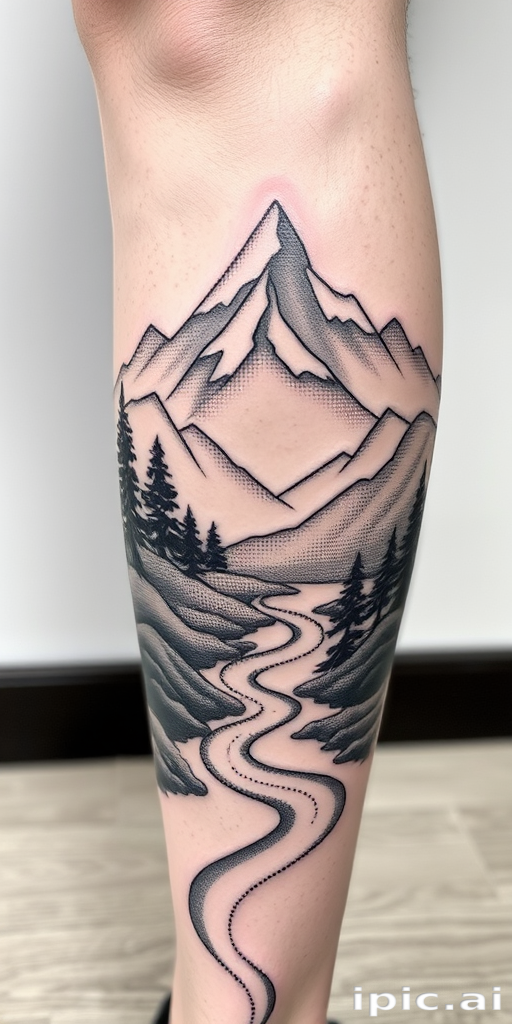 Serene dotwork landscape tattoo adorning the calf, depicting a mountainous scene with trees and a flowing river, utilizing thousands of tiny dots to create depth and texture in a monochromatic style