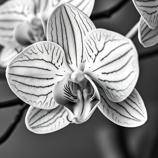 create a highly detailed black and white illustration of an orchid flower with intricate patterns, use a macro lens setting, f-stop of 16 for sharp depth of field, 100mm focal length, and natural soft lighting to enhance texture and contrast, shot with a DSLR camera in a studio environment