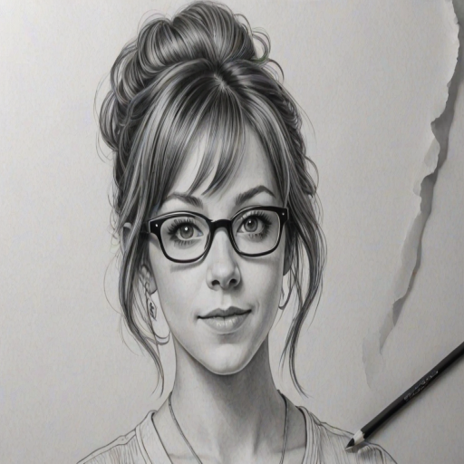 Splendid Lindsey Stirling, pencil sketch, portrait of Graceful woman 1957s in glasses, hair style beatnik, outline, clear lines, fine lines, 8k