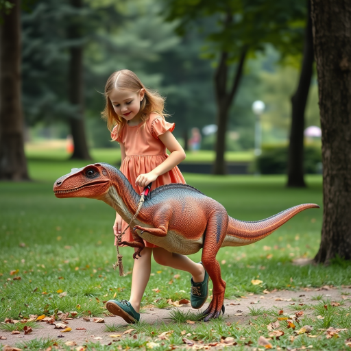 12 year old girl in a dress walking her pet Velociraptor on a leash through a park