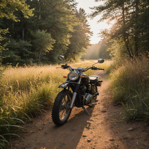 a motorcycle parked on a dirt path surrounded by tall grass and trees during golden hour light