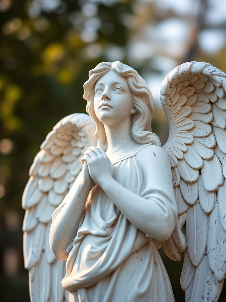 Generate a high-resolution image of a serene angel statue with intricate details, captured with a DSLR camera, 50mm lens, aperture f/1.8, ISO 100, in soft natural lighting to enhance texture and contrast, with a slight upward angle view to emphasize the angel's posture and wings.
