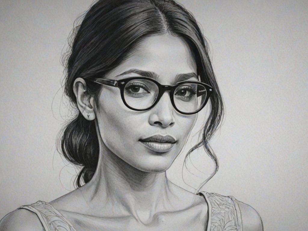 Elegant Freida Pinto, pencil sketch, portrait of Radiant woman 1971s in glasses, hair style beatnik, outline, clear lines, fine lines, 8k
