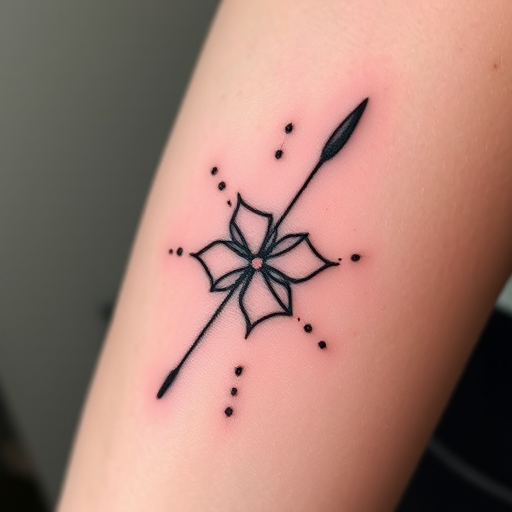 Stick and poke tattoo named "Raw Authenticity" showcasing hand-poked designs with a deliberately rough and unrefined aesthetic, often incorporating simple line work and dotwork patterns, admired for its DIY charm