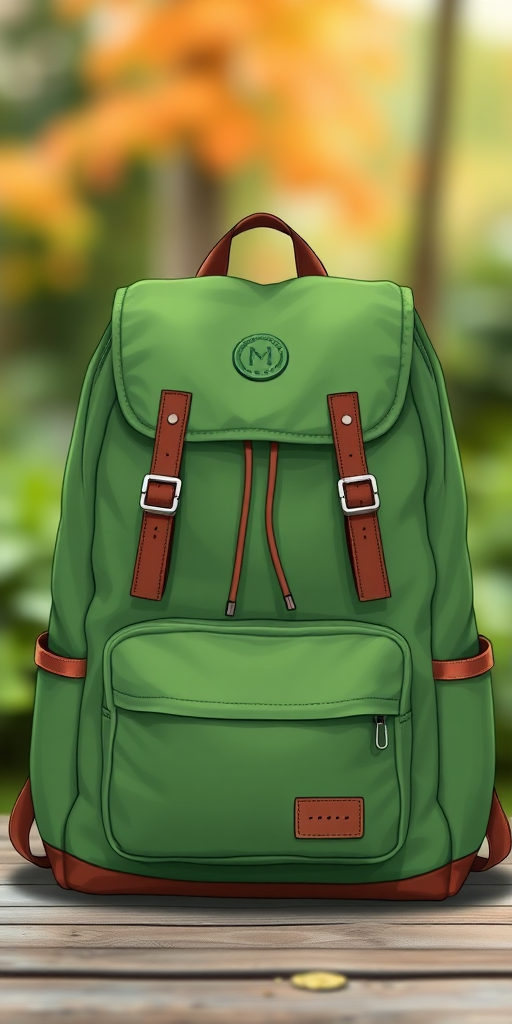 Create a high-resolution digital illustration of a green backpack with double straps and a front pocket, with a soft focus background, shot from a slightly elevated viewpoint using a DSLR camera, aperture f/2.8, ISO 100, and 50mm lens to enhance image quality.