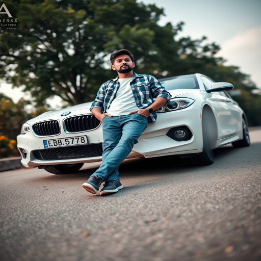 regenerate the image of a man leaning against a white car in casual clothing, DSLR camera settings: 50mm lens, f/1.8 aperture, ISO 100, shutter speed 1/200s, natural light, shallow depth of field, focus on the subject with a soft background, shot from a low angle for a dramatic effect.