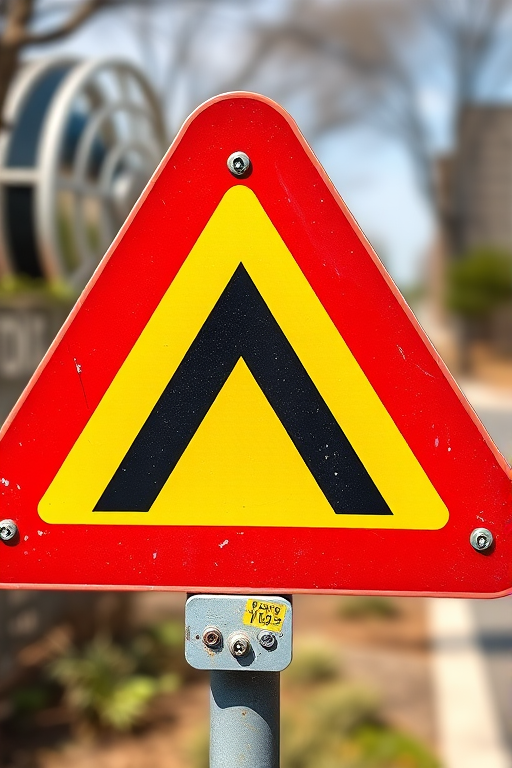 Create a high-resolution image of a triangular warning sign with a red border and a black arrow symbol in the center, shot with a DSLR camera at f/5.6 aperture, ISO 100, shutter speed 1/200 sec, in natural daylight, with a shallow depth of field to focus on the sign against a blurred background.