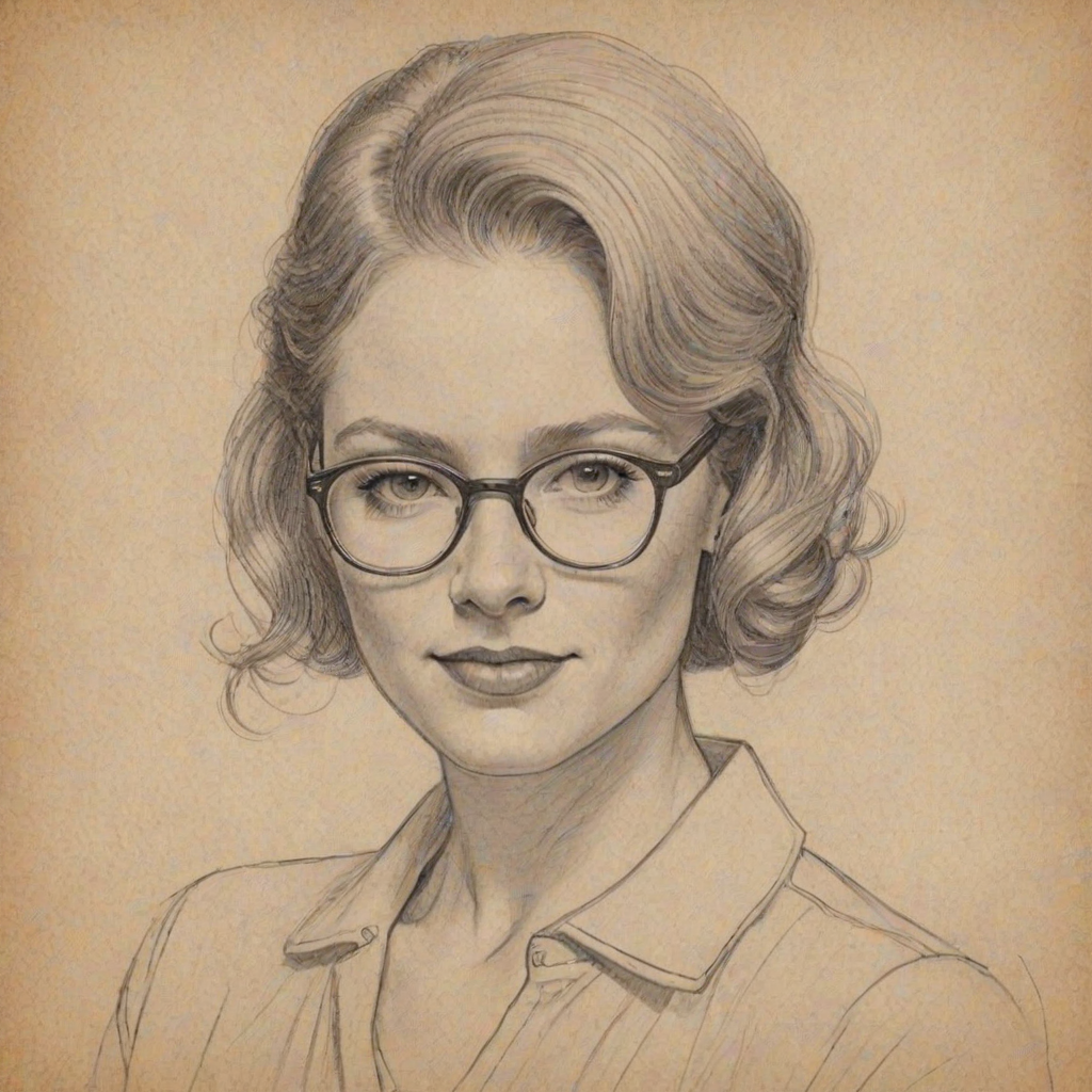 Charming Jesse Tyler Ferguson, pencil sketch, portrait of Charming woman 1931s in glasses, hair style beatnik, outline, clear lines, fine lines, 8k