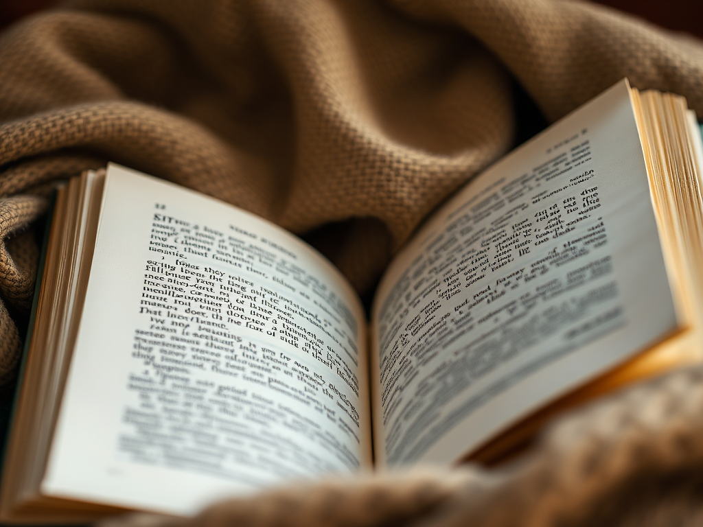Capture a close-up shot of open books with visible text, soft diffused lighting from above, shallow depth of field, ISO 100, f/2.8 aperture, 50mm lens, DSLR camera, warm tones, with a textured fabric draped around the books, creating an atmospheric and inviting reading nook.