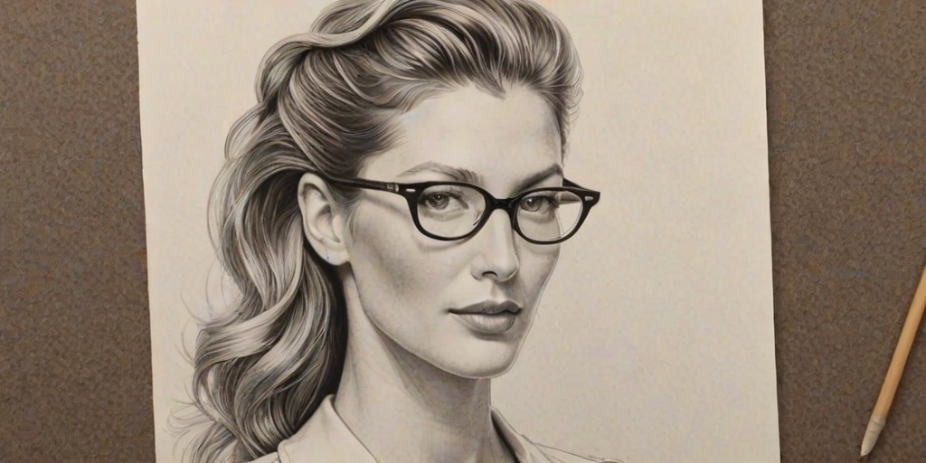 Superb Gisele B'ndchen, pencil sketch, portrait of Lovely woman 1947s in glasses, hair style beatnik, outline, clear lines, fine lines, 8k