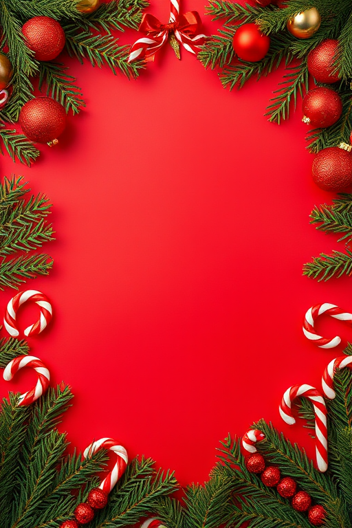 Create an image featuring a festive holiday scene with a solid red background. Include pine branches, red and gold ornaments, and candy canes arranged around the edges of the image to create a decorative border. Ensure there is ample empty space in the center for text or additional elements.
