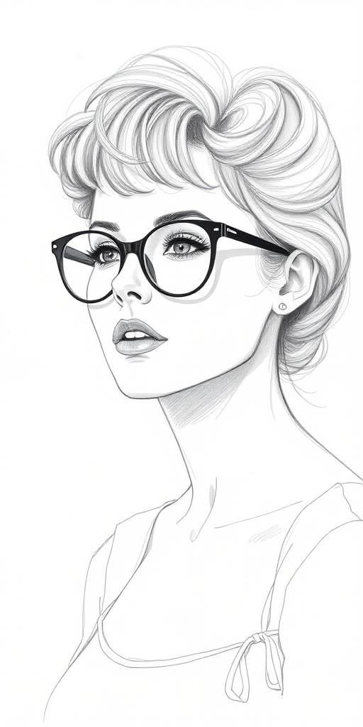 Beautiful Sigourney Weaver, pencil sketch, portrait of beautiful woman 60s in glasses, hair style beatnik, outline, clear lines, fine lines, 8k