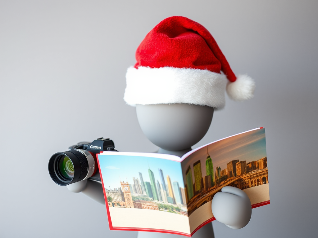 Create an image of a gray humanoid character wearing a red and white Santa hat, holding a colorful open book displaying a city skyline, shot with a DSLR camera at f/4 aperture, ISO 100, 50mm lens, natural lighting, slightly angled view for depth and clarity.
