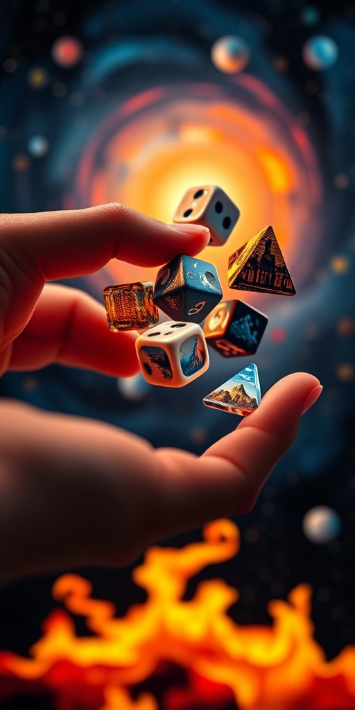 Create a high-resolution image of a hand delicately manipulating floating, vividly illustrated dice and triangular dice, depicting various landscapes like cityscapes, fire, and outer space, using a Canon EOS R5 camera with a 50mm f/1.2 lens, aperture set to f/2.8, ISO 100, and a shallow depth of field to enhance the sharpness of the dice against a swirling cosmic background.