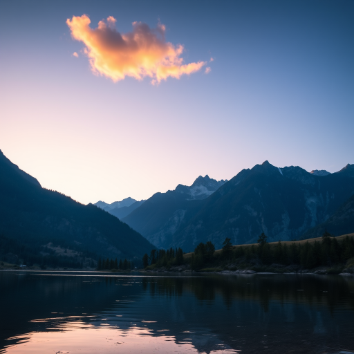 Generate a high-resolution image of a serene landscape featuring a calm lake surrounded by mountains during sunset, use a Canon EOS R5 with a 24mm f/1.4 lens, aperture set to f/8, ISO 100, and a shutter speed of 1/125s, taking the shot from a low angle to capture reflections in the water.