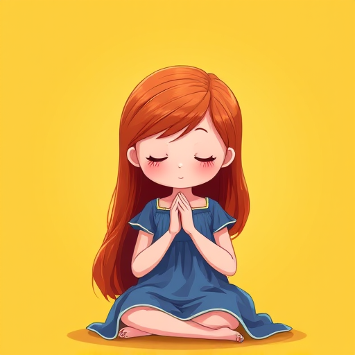 Create an illustration of a young girl with long red hair in a blue dress, sitting with her hands clasped in prayer, set against a bright yellow background, using a digital art style, 4K resolution, soft focus, with a slight vignette effect.