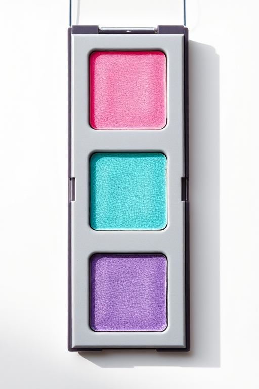 create a high-resolution image of a makeup palette with three square compartments for bright pink, teal, and purple eyeshadows, placed on a plain white background, with soft natural lighting, using a DSLR camera at f/8 aperture, 50mm lens, and ISO 200 for sharp detail and color vibrancy.