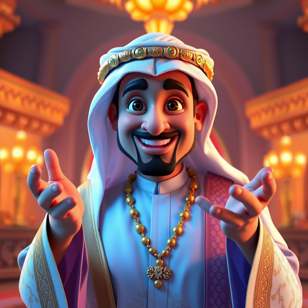 Create a 3D rendering of a wealthy Arab male sheikh from Dubai, inspired by the Disney animation style. The sheikh must have a smile and a playful but wise character. Place your character in an atmosphere of wealth and luxury. The image must be in high resolution format. Dynamic pose above the waist, gesturing with hands (Pixar Art style)++ highly detailed digital painting, art stations, concept art, soft focus, hard focus, illustrations. cinematic, visual effects, HDR, Unreal Engine 5, ray tracing, soft light, 8k, high detail, sparkling backlighting, luxury gem, game art, 3d, cartoon, colorful, magical, mysterious