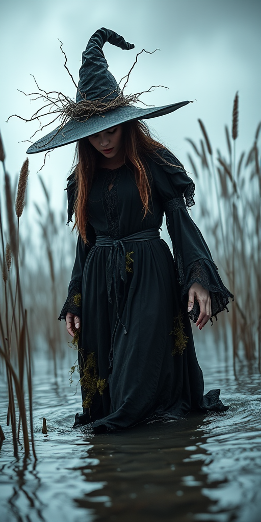 Create a dark fantasy image of a witch emerging from the water, wearing a tattered black dress with moss and vines, a wide-brimmed hat adorned with branches, surrounded by mist and tall reeds, shot with a Canon EOS R5 at f/1.4, ISO 100, 50mm lens, using a low-angle perspective to emphasize the witch's imposing figure and evoke a mysterious ambiance.
