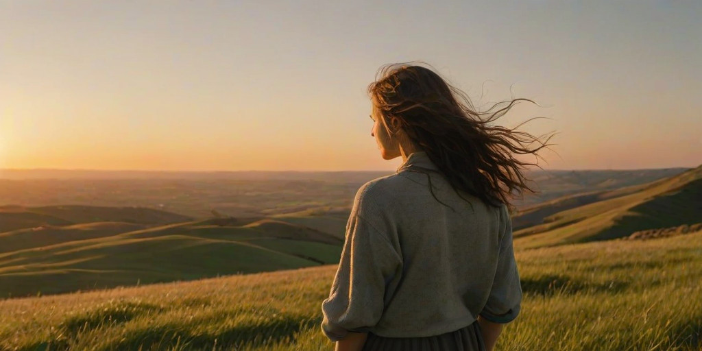 Sunset over rolling green hills, a woman stands at the crest of a hill, the wind catching her hair as she overlooks the vast landscape, bathed in warm, golden light.