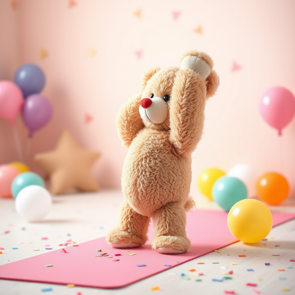 Teddy bear doing a handstand on a pink yoga mat with colorful balloons and confetti in a pastel-colored room, soft focus, f/1.8 aperture, 35mm lens, ISO 100, natural lighting, DSLR camera.