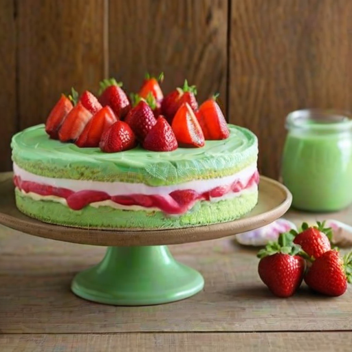 Create a vibrant and colorful layered dessert with three distinct layers: a light green top layer, a pink middle layer, and a creamy white bottom layer. The dessert should have a crumbly graham cracker crust and be garnished with fresh strawberries and lime slices on top. The scene should be bright and inviting, showcasing the dessert on a decorative cake stand with a rustic wooden background.