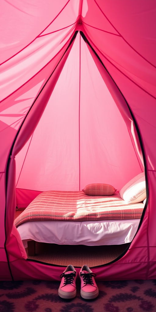design a vibrant pink tent interior with a cozy sleeping area featuring a neatly made bed and a pair of shoes by the entrance, shot with a Canon EOS 5D Mark IV, 50mm lens, f/2.8 aperture, ISO 200, in soft natural light, front view, high-resolution.