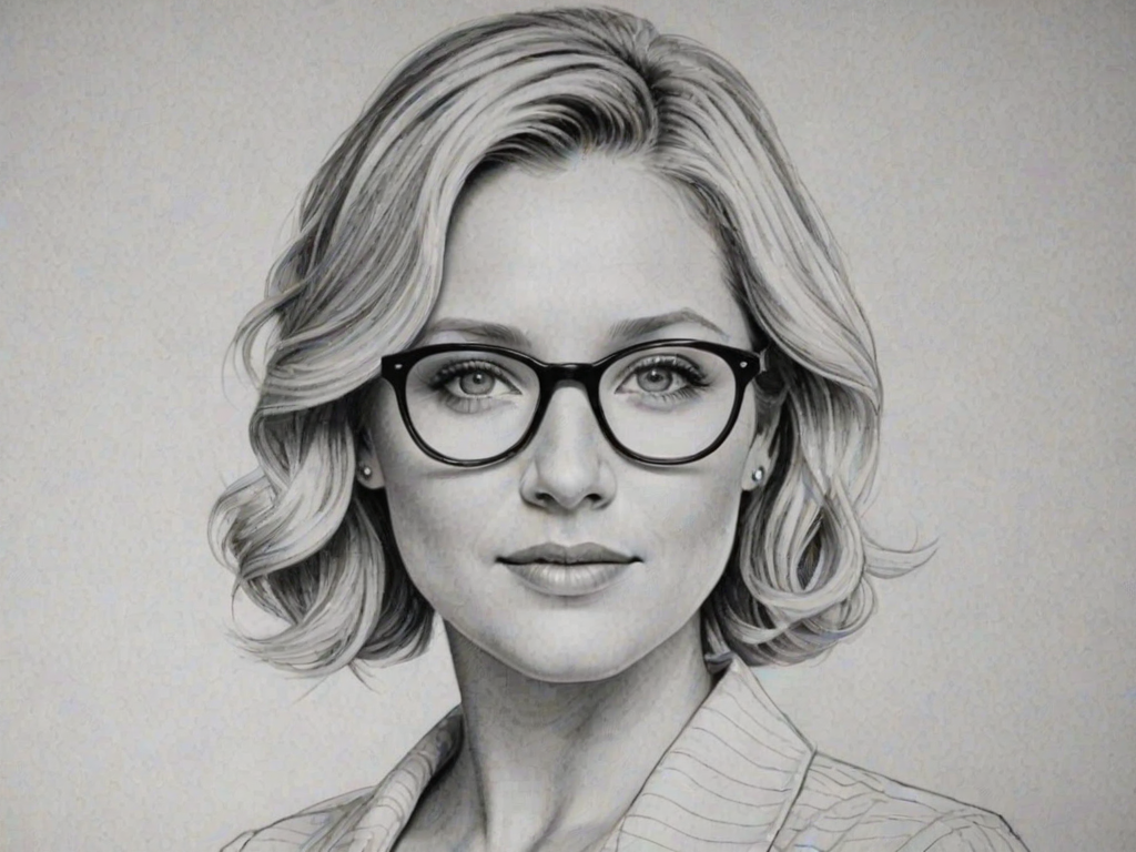 Attractive Jessica Capshaw, pencil sketch, portrait of Superb woman 1935s in glasses, hair style beatnik, outline, clear lines, fine lines, 8k