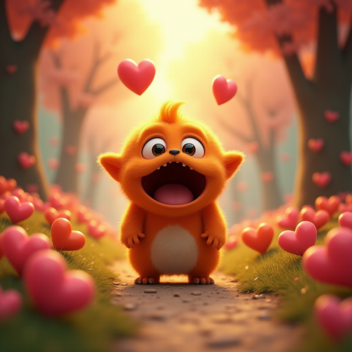 A fluffy orange creature with large eyes and a wide open mouth stands on a path in a whimsical forest, bright pink and red hearts float through the air, the creature has a surprised expression, the light is warm and soft, photorealistic, digital art, 3D style