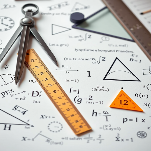 create an educational illustration of geometric tools and formulas on a light background, focusing on a compass, rulers, triangles, and mathematical symbols, using a DSLR camera with a 50mm lens, f/2.8 aperture, 1/100s shutter speed, in natural light with a shallow depth of field for a clean look