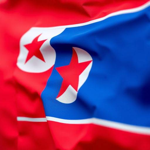 Create a high-resolution image of the North Korean flag with vibrant colors, using a DSLR camera with a 50mm lens, aperture f/2.8, ISO 100, and a slight tilt-shift effect for depth.