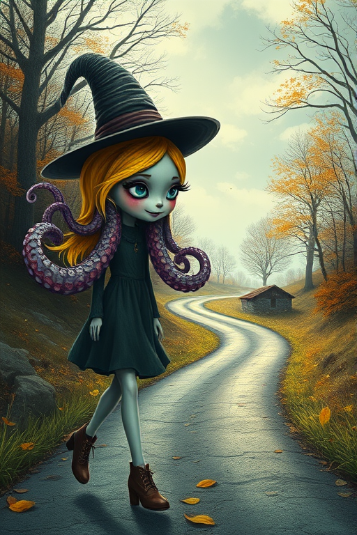 digital art fantasy depicting a strange girl with Yellow hair, long eyelashes, cyan lipstick and a tall hat walking along a winding road on an autumn afternoon, an Octopus smiles as she passes