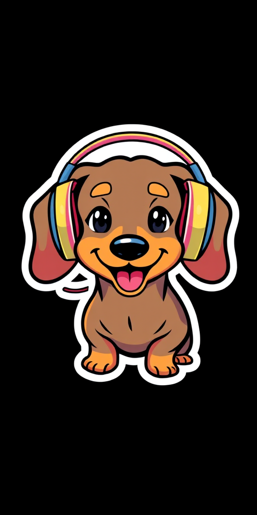 this photo is sticker, Happy Colorful Dachshund wearing Headphones, kawaii, contour, vector, black background